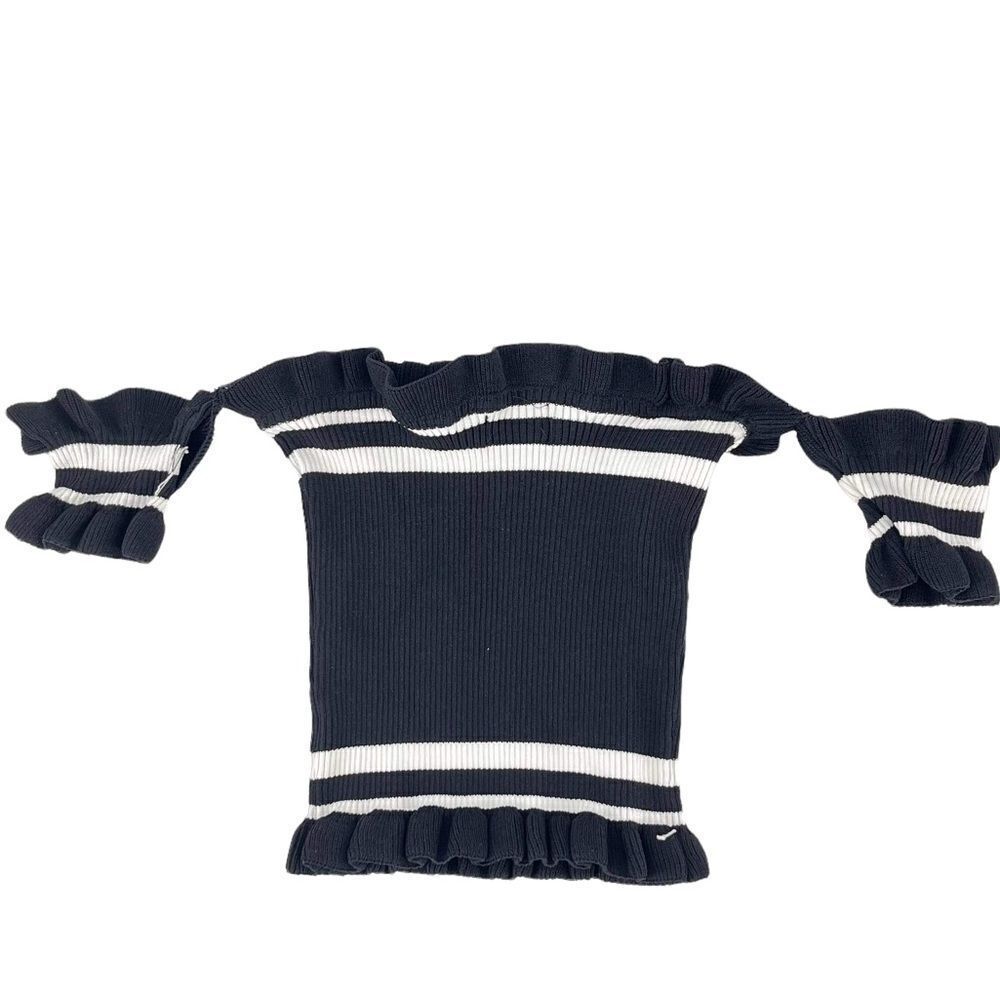 Ruffle Off-Shoulder Knit Top in Black and White
